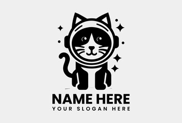 Monochrome Space Cat Vector Logo Illustration. Minimalist Animal Art