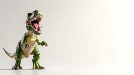 Fototapeta premium Green and yellow toy dinosaur with open mouth, showcasing its playful design and vibrant colors, evokes sense of fun and imagination