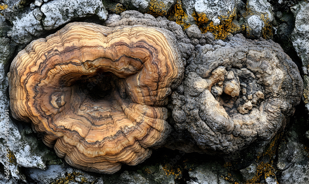 Poster abstract image of a large, intricately textured fungus growing on a tree trunk. the fungus displays 
