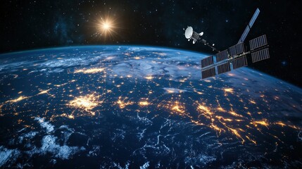 conceptual visualization of a communication satellite hovering above earth, providing global connectivity, reflecting the interplay between technology and our planet for information access