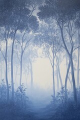Fototapeta premium Ethereal blue forest painting depicting a foggy path through tall trees in a serene landscape art style with a mysterious atmosphere