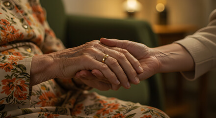 Obraz premium Comforting Elderly Hand with Gold Ring Receiving Gentle Support Capturing Care and Compassion