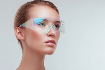 Stylish woman wearing futuristic glasses against a neutral background.
