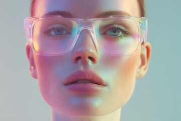 Close-up portrait of a woman wearing futuristic glasses.