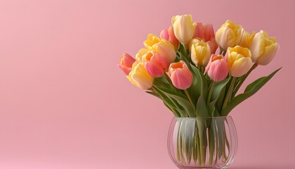 Tulips in glass vase on pastel background.