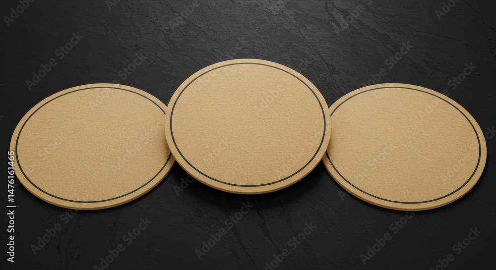 Poster empty, light brown coasters displayed on a dark stone surface. three circular coasters arranged in a