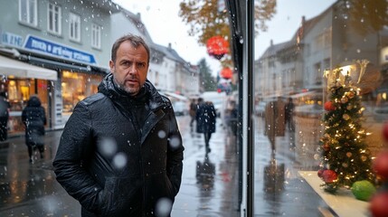 Fototapeta premium A man stands in a snowy, urban street, looking at the Christmas-decorated shops