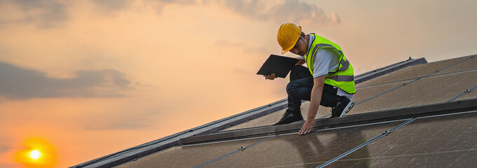 man in a yellow safety vest is looking at a laptop while standing on a roof