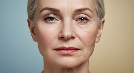 Duality of Time Portrait Mature Woman Face Showing Contrasting Sides with Smooth Skin and Deep Wrinkles in Vertical Split with Light Blue and Light Yellow Contrasting Background