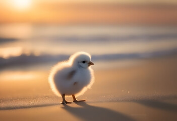 Fluffy Chick on a Beach in Warm Affectionate Light