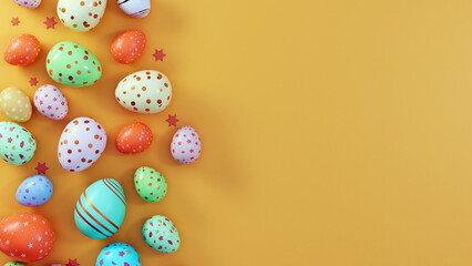 Easter eggs are arranged on a yellow background.