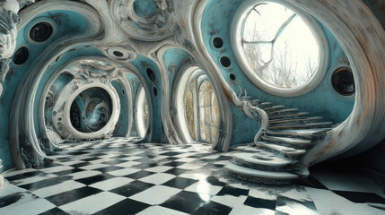 Surreal Blue and White Interior with Twisted Organic Architecture and Checkered Floor