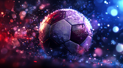 Fototapeta premium Vibrant soccer ball surrounded by colorful splashes of light, creating dynamic and energetic atmosphere