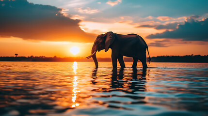 Majestic elephant stands calm waters during vibrant sunset, creating serene and picturesque scene. warm colors of sky reflect beautifully water