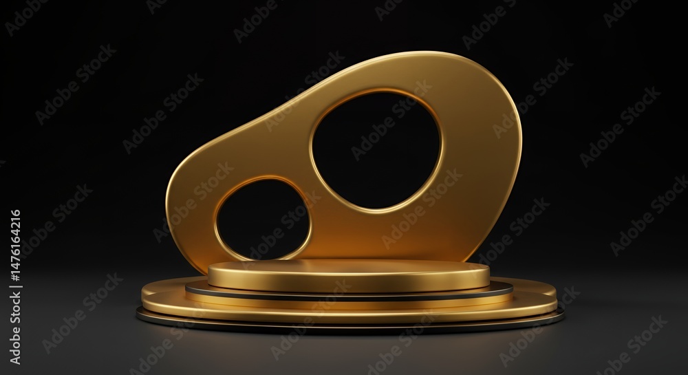 Poster elegant golden podium with abstract art design and circular cutouts against a dark backdrop, ideal f