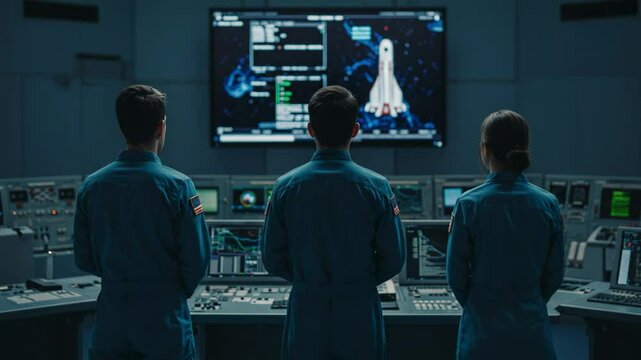 Three Young Adults in Blue Flight Suits Observing a Rocket Launch Screen in a Modern Control Center, Engaged in Space Exploration Technology