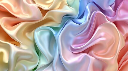 Obraz premium A vibrant, colorful, and flowing silk fabric with a smooth, soft texture. Detailed colors blend from pastel rainbow hues