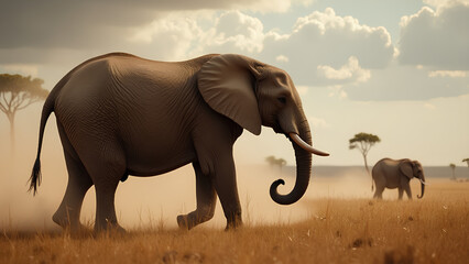 Fototapeta premium An old wise elephant walking through a dry African savanna