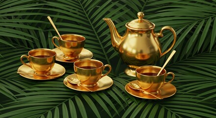 Fototapeta premium Luxurious gold tea set with cups, saucers, spoons, and teapot on a bed of tropical green leaves, capturing a rich and elegant lifestyle.