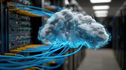 Glowing blue hologram of a cloud illuminated in a server room showcasing advanced cloud computing technology