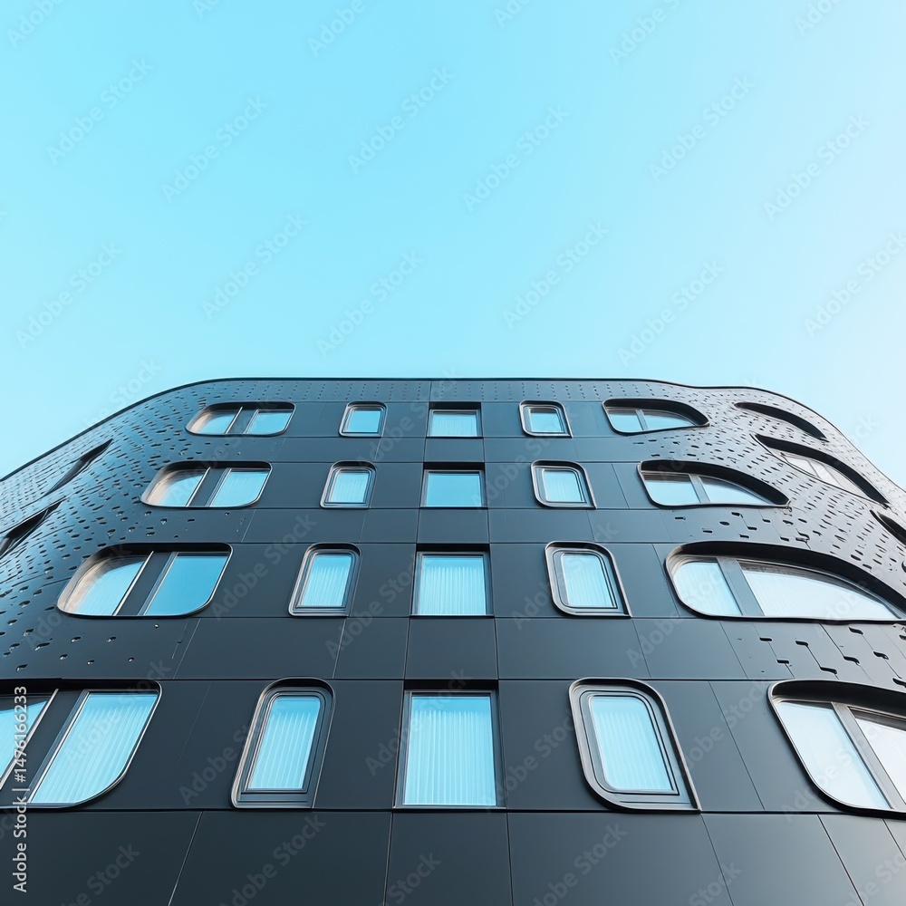 Aufkleber modern architecture building exterior facade low angle view in cityscape with unique window design a
