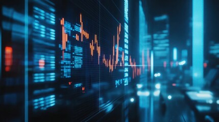 Futuristic Stock Market Data Visualization: Cityscape at Night