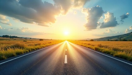 Naklejka premium Bright sunlight illuminates a paved roadway stretching into the distance , curve, space, surface