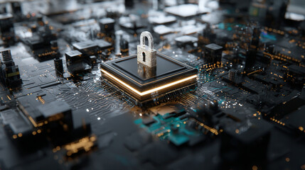 Exploring data security with a glowing padlock icon at the center of a futuristic circuit board and cityscape