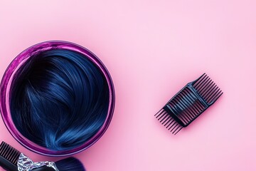 Dark blue hair dye in bowl with tools