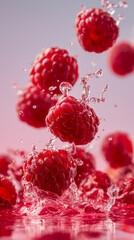 Fresh raspberries splashing into clear water