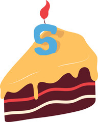Birthday cake illustration with number candle. Handdrawn, flat style cake for birthday party. Vector isolated.