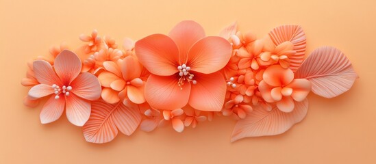 Obraz premium a delicate floral arrangement in soft coral tones, showcasing blooming flowers and elegantly textured leaves against a serene, pastel background, creating a visually soothing composition
