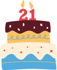 Birthday cake illustration with number candle. Handdrawn, flat style cake for birthday party. Vector isolated.