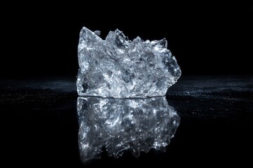 Piece of clear ice on black mirror surface
