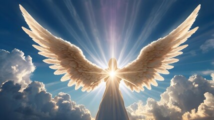 Heavenly sky with majestic clouds forming the shape of an angel with wings spread, sun rays breaking through, glowing light aura, peaceful and spiritual vibe,Generative Ai
