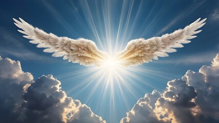 Heavenly sky with majestic clouds forming the shape of an angel with wings spread, sun rays breaking through, glowing light aura, peaceful and spiritual vibe,Generative Ai
