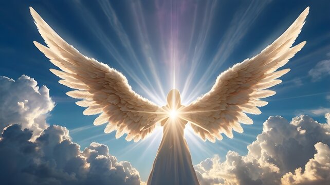 Heavenly sky with majestic clouds forming the shape of an angel with wings spread, sun rays breaking through, glowing light aura, peaceful and spiritual vibe,Generative Ai
