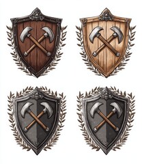 Obraz premium Four shield emblems, featuring crossed axes, displayed in various wood and metal finishes