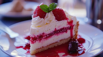 A slice of vanilla cake with creamy frosting sits on a white plate.