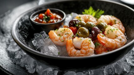 A close-up view of a seafood platter featuring large, peeled shrimp resting on a bed of crushed ice, surrounded by various garnishes.