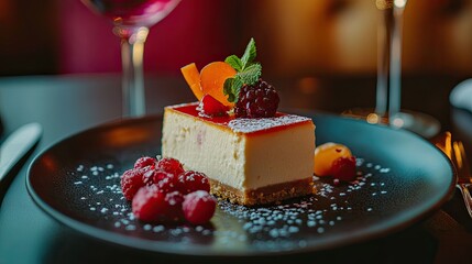 A slice of cheesecake topped with a strawberry and whipped cream is served on a white plate, alongside a colorful assortment of fresh raspberries, blueberries, and blackberries.