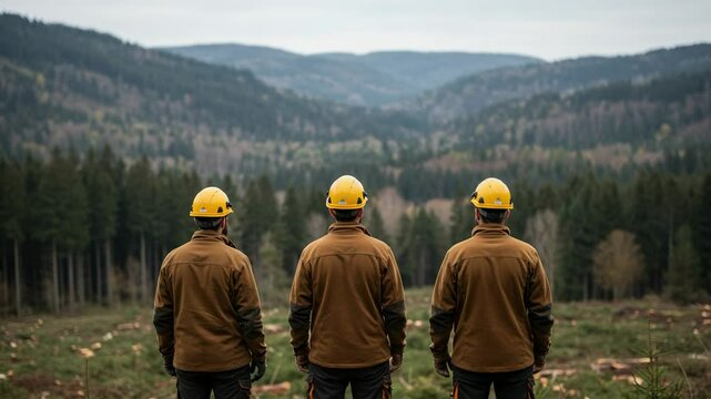 Three male forestry workers in safety gear overlooking a vast forest landscape, showcasing deforested areas and distant hills during early spring in a mountainous region.