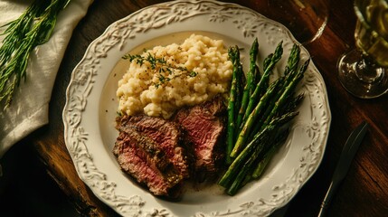 A gourmet plate featuring two grilled lamb chops with charred edges, accompanied by creamy risotto garnished with herbs.