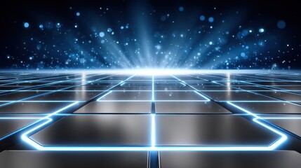 Futuristic Grid Surface with Glowing Blue Neon Lights and Sparkling Particles Background