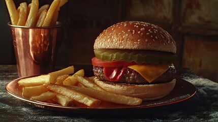 A mouth-watering cheeseburger topped with melted cheese and fresh lettuce, served in a toasted brioche bun.