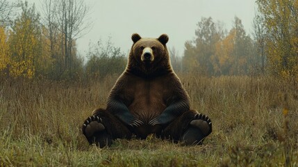 A large brown bear sits on a grassy area surrounded by rocks.