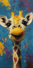 Charming giraffe with a joyful smile surrounded by a vivid explosion of color in a textured oil painting