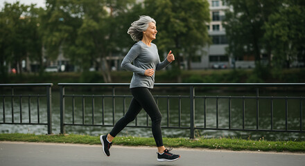 Energetic senior woman jogging riverside healthy lifestyle active aging vibrant energy