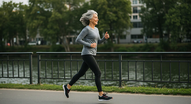 Energetic senior woman jogging riverside healthy lifestyle active aging vibrant energy