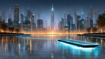 Obraz premium Futuristic Cityscape at Night Illuminated Skyscrapers and a Glowing Platform